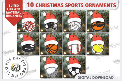 Sports Balls Christmas Ornaments Laser Cut Bundle. Santa Hat SVG Evgenyia Guschina 
