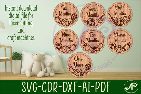 Sports balls themed Baby monthly milestone discs SVG laser SVG APInspireddesigns 