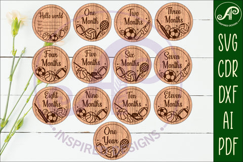 Sports balls themed Baby monthly milestone discs SVG laser SVG APInspireddesigns 