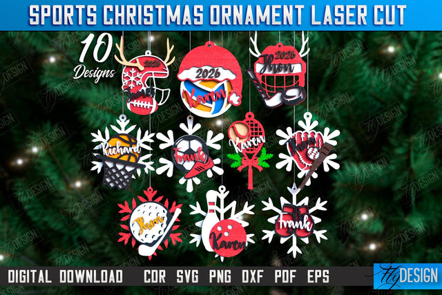 Sports Christmas Ornaments Laser Cut Bundle, Xmas Tree Sport Toys Laser Cut, Personalized Sport Ornaments SVG, Baseball, Basketball SVG, Hockey SVG, Football SVG Fly Design 