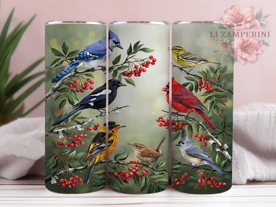 Spring Birds Birch Berry 20oz Tumbler, Colorful Songbirds, Birch Branches, Red Berries, Nature Illustration, Skinny Tumbler, Sublimation PNG Sublimation Li Zamperini 