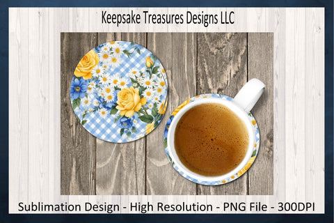 Spring Blue Gingham 11oz Coffee Mug Wrap, Matching Round Coaster, Sublimation PNG Design, Digital Download Sublimation Keepsake Treasures Designs LLC. 