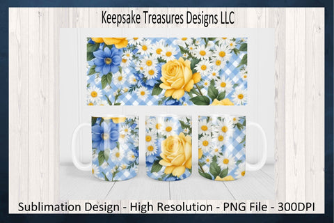 Spring Blue Gingham 11oz Coffee Mug Wrap, Matching Round Coaster, Sublimation PNG Design, Digital Download Sublimation Keepsake Treasures Designs LLC. 
