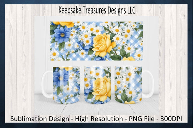 Spring Blue Gingham 11oz Coffee Mug Wrap, Matching Round Coaster, Sublimation PNG Design, Digital Download Sublimation Keepsake Treasures Designs LLC. 