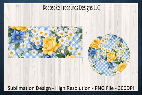 Spring Blue Gingham 11oz Coffee Mug Wrap, Matching Round Coaster, Sublimation PNG Design, Digital Download Sublimation Keepsake Treasures Designs LLC. 