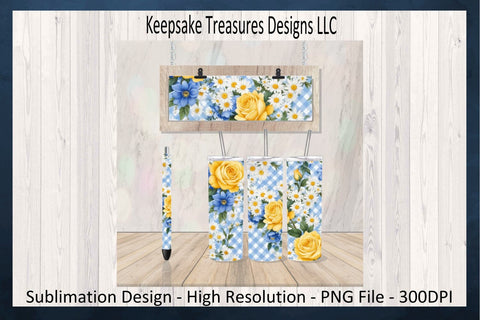 Spring Blue Gingham 20oz Straight Tumbler Wrap, Car Coaster and Pen Wrap Set, Sublimation Png Sublimation Keepsake Treasures Designs LLC. 