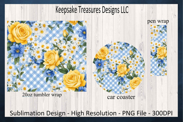 Spring Blue Gingham 20oz Straight Tumbler Wrap, Car Coaster and Pen Wrap Set, Sublimation Png Sublimation Keepsake Treasures Designs LLC. 