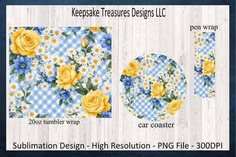 Spring Blue Gingham 20oz Straight Tumbler Wrap, Car Coaster and Pen Wrap Set, Sublimation Png Sublimation Keepsake Treasures Designs LLC. 