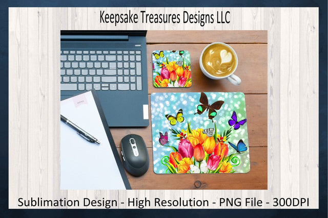 Spring Butterfly and Tulip Mouse Pad and Square Coaster Set, Sublimation Mouse Pad Template, Sublimation Coaster Template, PNG Printable, Digital Download Sublimation Keepsake Treasures Designs LLC. 