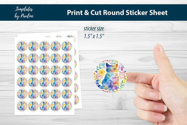 Spring Cat Round Sticker Sheet, Cute Cat Digital Sticker SVG Templates by Pauline 