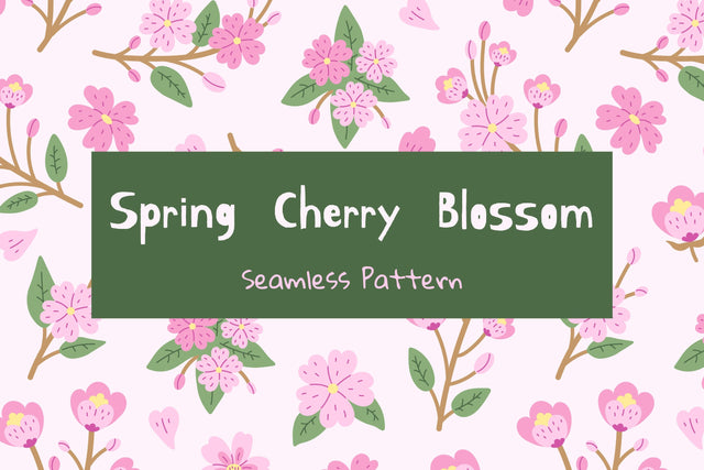 Spring Cherry Blossom Seamless Pattern Background JPG PNG Digital Pattern Rin Green 
