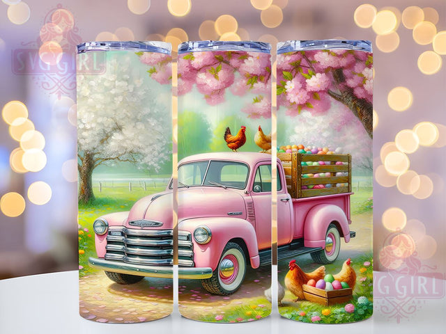 Spring Chickens Tumbler, Pink Truck Design, 20oz Skinny Tumbler, Sublimation PNG, Farmhouse Decor, Vintage Truck Gift, Easter Tumbler Sublimation SvggirlplusArt 