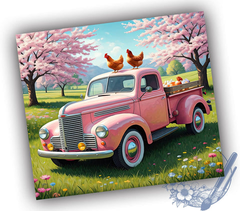 Spring Chickens Tumbler Wrap, Pink Truck Design, 20oz Skinny Tumbler, Sublimation PNG, Farmhouse Style Drinkware, Vintage Truck Chickens, Springtime Tumbler Design Sublimation ToriDesigns 