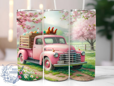 Spring Chickens Tumbler Wrap, Pink Truck Design, 20oz Skinny Tumbler, Sublimation PNG, Farmhouse Style Drinkware, Vintage Truck Chickens, Springtime Tumbler Design Sublimation ToriDesigns 