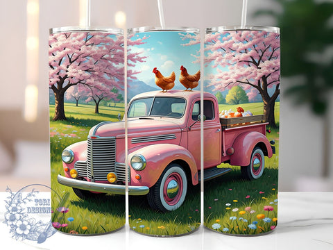 Spring Chickens Tumbler Wrap, Pink Truck Design, 20oz Skinny Tumbler, Sublimation PNG, Farmhouse Style Drinkware, Vintage Truck Chickens, Springtime Tumbler Design Sublimation ToriDesigns 