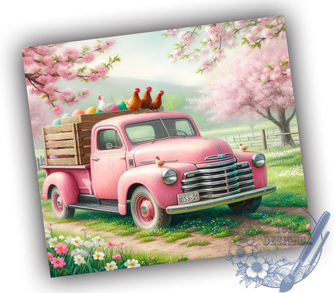 Spring Chickens Tumbler Wrap, Pink Truck Design, 20oz Skinny Tumbler, Sublimation PNG, Farmhouse Style Drinkware, Vintage Truck Chickens, Springtime Tumbler Design Sublimation ToriDesigns 