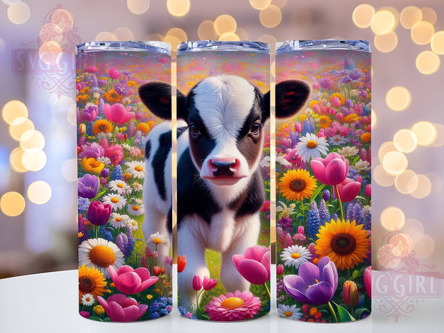 Spring Cow Tumbler, Dairy Cow Design, Floral Tumbler Wrap, 20oz Skinny Tumbler, Sublimation PNG, Baby Cow Art, Spring Decor Sublimation SvggirlplusArt 