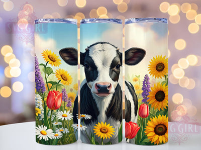 Spring Cow Tumbler, Dairy Cow Design, Floral Tumbler Wrap, 20oz Skinny Tumbler, Sublimation PNG, Baby Cow Art, Spring Decor Sublimation SvggirlplusArt 