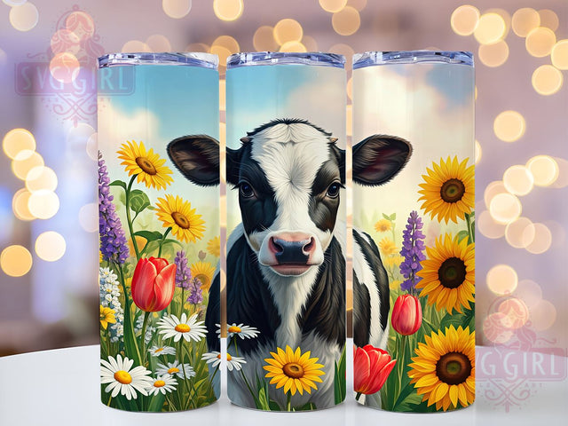 Spring Cow Tumbler, Dairy Cow Design, Floral Tumbler Wrap, 20oz Skinny Tumbler, Sublimation PNG, Baby Cow Art, Spring Decor Sublimation SvggirlplusArt 