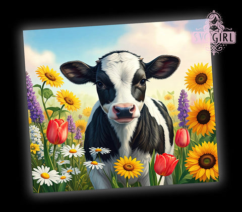 Spring Cow Tumbler, Dairy Cow Design, Floral Tumbler Wrap, 20oz Skinny Tumbler, Sublimation PNG, Baby Cow Art, Spring Decor Sublimation SvggirlplusArt 