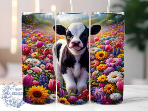 Spring Cow Tumbler Wrap, Dairy Cow Design, Floral Tumbler Wrap, 20oz Skinny Tumbler, Sublimation PNG, Baby Cow Flowers, Spring Drinkware Sublimation ToriDesigns 