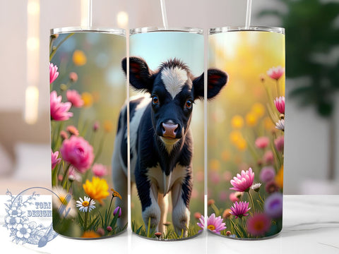 Spring Cow Tumbler Wrap, Dairy Cow Design, Floral Tumbler Wrap, 20oz Skinny Tumbler, Sublimation PNG, Baby Cow Flowers, Spring Drinkware Sublimation ToriDesigns 