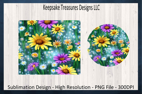 Spring Daisy 20oz Straight Tumbler Wrap, Car Coaster Template, Sublimation PNG, Spring Flowers, Digital Download Sublimation Keepsake Treasures Designs LLC. 