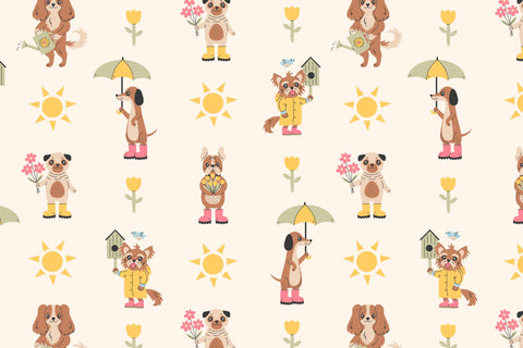 Spring Dogs Seamless Pattern Springtime Pet Background Digital Pattern Rin Green 