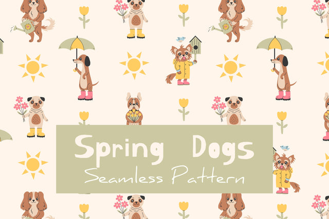 Spring Dogs Seamless Pattern Springtime Pet Background Digital Pattern Rin Green 