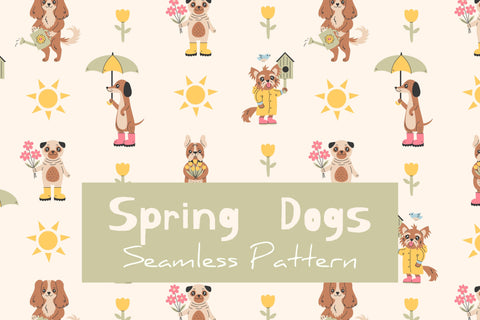Spring Dogs Seamless Pattern Springtime Pet Background Digital Pattern Rin Green 