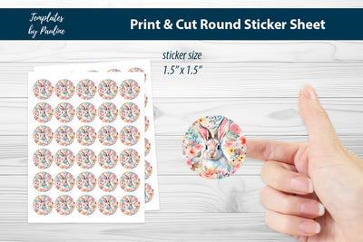 Spring Easter Bunny Round Sticker Sheet, Easter Digital Sticker SVG Templates by Pauline 