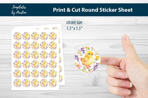 Spring Easter Chick Round Sticker Sheet, Easter Digital Sticker SVG Templates by Pauline 