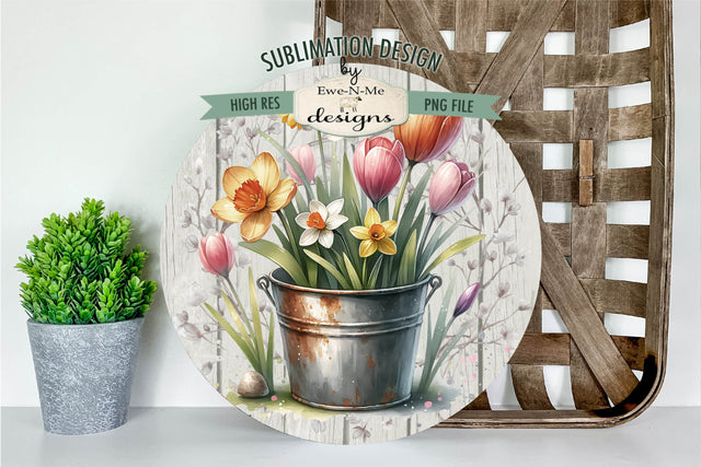 Spring Easter Flowers in Rusty Bucket Sublimation Design | Round PNG Sublimation Ewe-N-Me Designs 