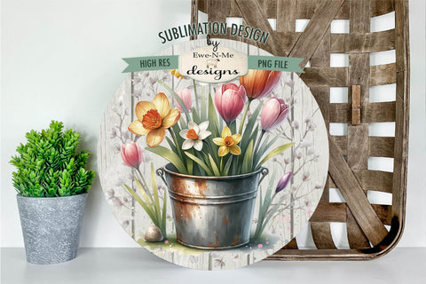Spring Easter Flowers in Rusty Bucket Sublimation Design | Round PNG Sublimation Ewe-N-Me Designs 