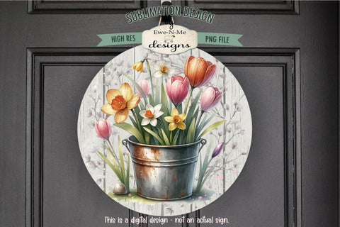 Spring Easter Flowers in Rusty Bucket Sublimation Design | Round PNG Sublimation Ewe-N-Me Designs 
