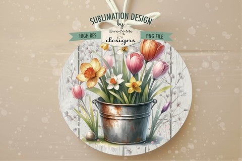 Spring Easter Flowers in Rusty Bucket Sublimation Design | Round PNG Sublimation Ewe-N-Me Designs 