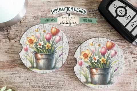 Spring Easter Flowers in Rusty Bucket Sublimation Design | Round PNG Sublimation Ewe-N-Me Designs 