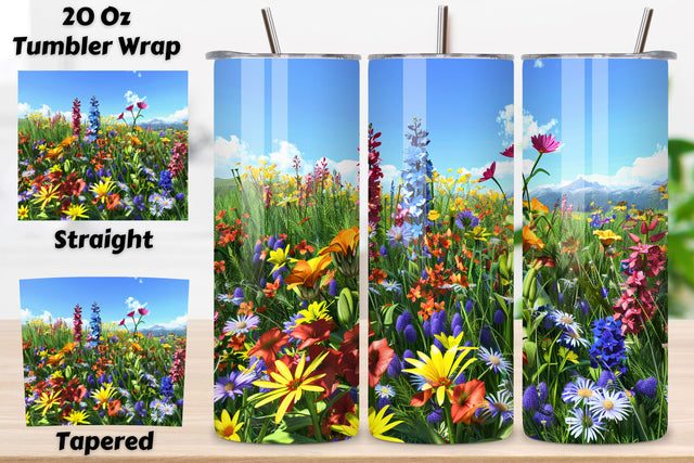 Spring Floral 3D Seamless Tumbler Wrap Wildflower Wonderland, Seamless Spring Wildflowers Field Watercolour 20 oz Skinny Tumbler Wrap For Sublimation | Spring Delicate Wildflowers Landscape Watercolour Sublimation FloridPrintables 