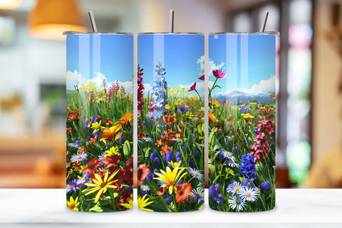 Spring Floral 3D Seamless Tumbler Wrap Wildflower Wonderland, Seamless Spring Wildflowers Field Watercolour 20 oz Skinny Tumbler Wrap For Sublimation | Spring Delicate Wildflowers Landscape Watercolour Sublimation FloridPrintables 