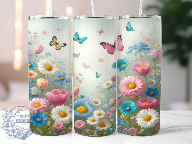 Spring Floral Butterfly Tumbler, Butterfly Art, Nature Theme, Elegant Design, Vibrant Pattern, 20Oz Tumbler, Sublimation Wrap Sublimation ToriDesigns 