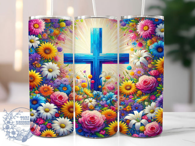 Spring Floral Cross 20oz Tumbler, Spring Floral Cup Wrap, Faith Scripture Design, Sublimation Tumbler Wrap, 20Oz Tumbler Design, Artistic Cross Cup, Stylish Christian Floral Wrap Sublimation ToriDesigns 