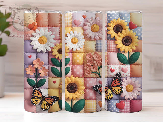Spring Floral Patchwork 20oz Tumbler, Cottagecore Quilt, Pastel Patchwork, Blush Pink Fabric, Mint Green Squares, 20oz Tumbler Wrap, Sublimation PNG Sublimation Lara' s Designs 
