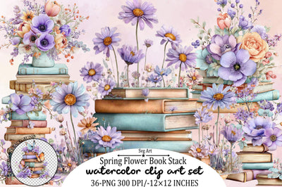 Spring Flower Book Stack Sublimation Clipart Bundle. Sublimation SVGArt 
