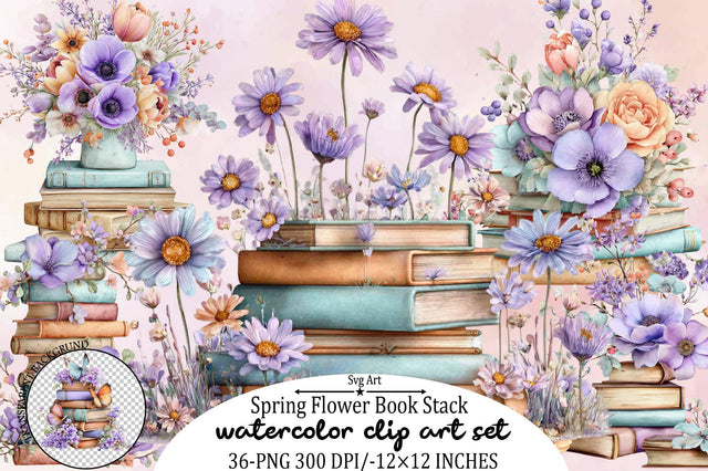 Spring Flower Book Stack Sublimation Clipart Bundle. Sublimation SVGArt 