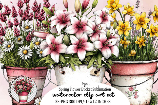 Spring Flower Bucket Sublimation Clipart Bundle. Sublimation SVGArt 
