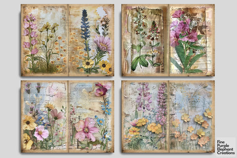 Spring Flower Fields Digital Junk Journal Double Pages Digital Pattern Fine Purple Elephant Creations 