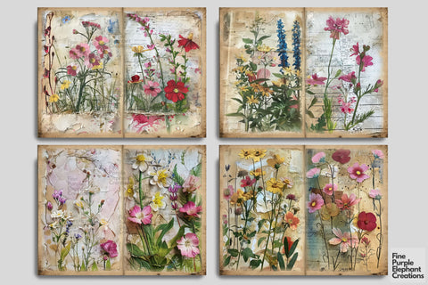 Spring Flower Fields Digital Junk Journal Double Pages Digital Pattern Fine Purple Elephant Creations 