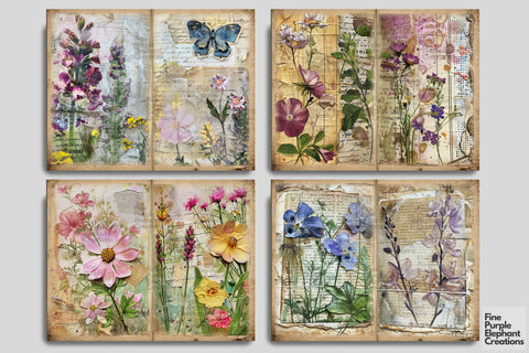 Spring Flower Fields Digital Junk Journal Double Pages Digital Pattern Fine Purple Elephant Creations 