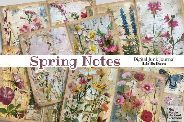 Spring Flower Fields Digital Junk Journal Double Pages Digital Pattern Fine Purple Elephant Creations 