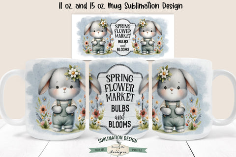 Spring Flower Market Bunny in Overalls | Spring Sublimation Mug PNG Sublimation Ewe-N-Me Designs 